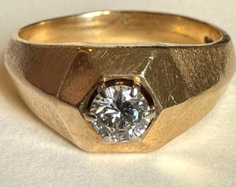 Vintage 14K Yellow Gold Diamond Solitaire Ring, Modernist Sculptural Design, Approx. 0.50 CT, Size 12
