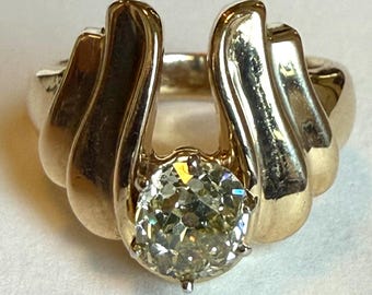 Vintage 14K Gold Sculptural Old Mine Cut Diamond Ring, 0.8 Carat Modernist Statement Solitaire, Size 4.75