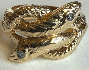 Vintage 14K Gold Victorian Revival Double Snake Ring with Diamond Eyes, 10.2g, Size 8.25
