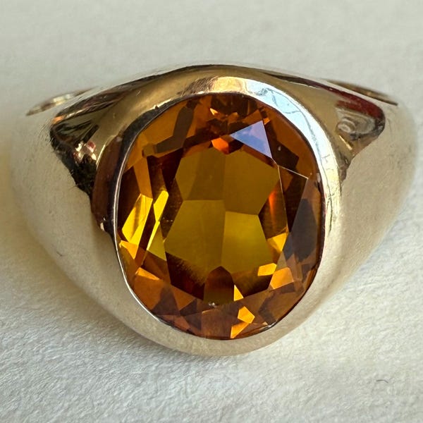 Vintage 10K Yellow Gold Orange Topaz Ring, Men's Cigar Band