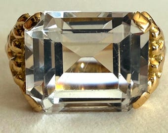 Vintage Swedish 18K Gold Rock Crystal Ring, 1952 Engraved Step Cut Quartz Ring, Mid Century Ring, Size 3.75
