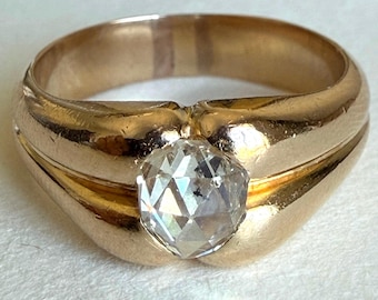 Vintage 14K Gold Old Cut Diamond Ring, Sculptural Belcher Solitaire, Size 7.75
