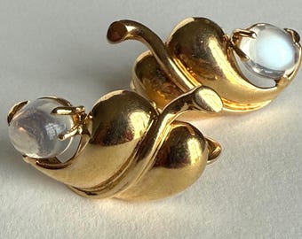 Vintage 14K Yellow Gold Moonstone Leaf Earrings, Screw Back Floral Leaf Earrings, 8.21g