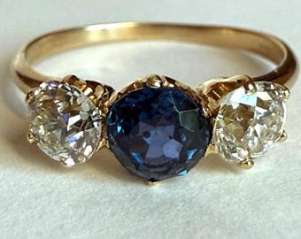Antique 18K Gold Sapphire & Old Mine Cut Diamond Trilogy Ring, Three Stone Ring, Size 6.25