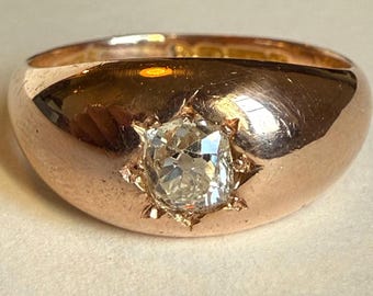 Antique Edwardian 1908 15K Rose Gold Old Cushion Cut Diamond Gypsy Ring, Approx. 0.50 CT, Size 7.5