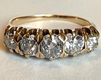 Antique Five-Stone Old Mine Cut Diamond Ring, Approx. 1 CTW, Victorian Edwardian Gold Band, Size 4.25