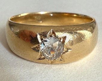 Antique 18K Gold Gypsy Ring with Old Cut Diamond, 7.27grams, Size 8.75US