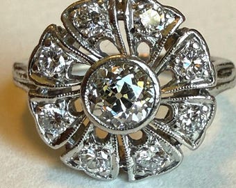 Vintage Platinum Old European Cut Diamond Floral Ring