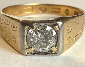 Antique 18K Gold 0.66ct Old Mine Cut Diamond Ring, Swedish Hallmarked Signet Ring, Engraved Diamond Ring Size 8.5