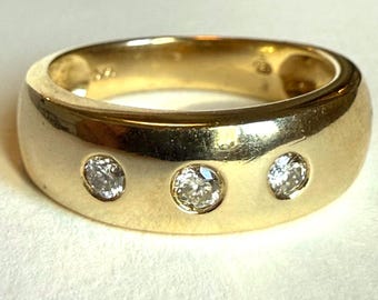 Vintage 14K Gold Diamond Gypsy Ring, Three Stone Flush Set Diamond Band, Wide Gold Ring, Size 6.5, 4g