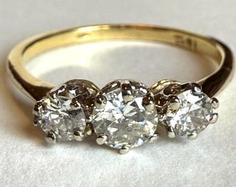 Vintage 18K Gold Three Stone Diamond Trilogy Ring, Approx. 0.74 CTW, Size 8.25