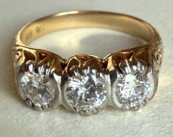 Antique 14K Gold Three Stone Old European Cut Diamond Ring, Ornate Band, 1.0ctw, Size 7.5