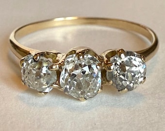Antique 14K Gold Three-Stone Old-Cut Diamond Trilogy Ring, Approx. 0.90–1.00 CTW, Size 7.75