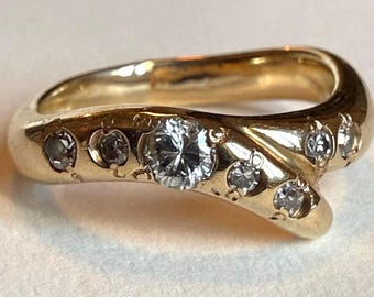 Vintage 14K Gold Diamond Bypass Ring, Mid Century Crossover Snake Ring 3.9g