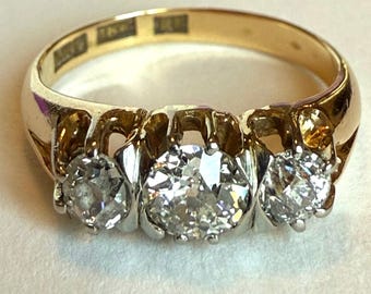 Vintage 1954 Swedish 18K Gold Old Mine Cut Diamond Three Stone Ring, 0.80 CTW, Size 6