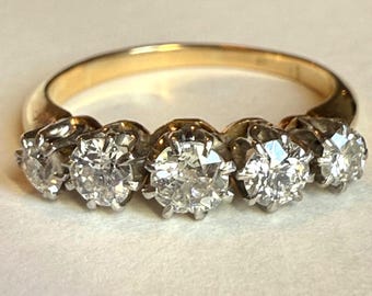 Antique Edwardian 18K Gold Five-Stone Diamond Half-Hoop Ring, Approx. 0.70 CTW, Size 6.75