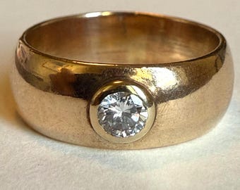 Vintage 10K Gold Diamond Cigar Band Ring, Wide Gypsy Band
