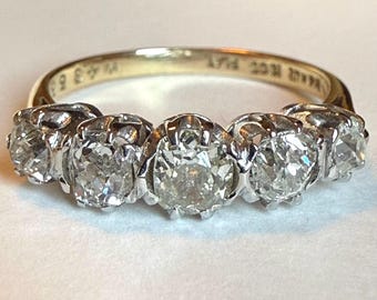 Antique English 1920's 18K Gold Platinum Five Stone Old Cut Diamond Ring, 0.90ctw