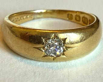 Antique 1892 Victorian 18K Gold Old Mine Cut Diamond Gypsy Ring, London Hallmarked, 5.9g, Size 7.75