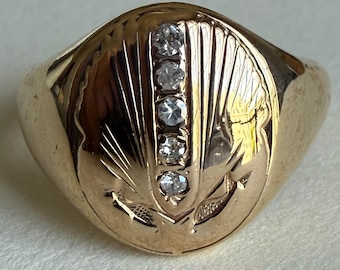 Vintage 14K Gold Diamond Signet Ring, Heavy 9.54g Vintage Diamond Ring, Size 10.5