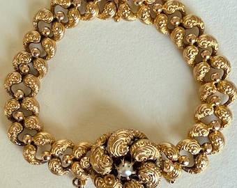 Antique Victorian Repoussé 18k Link Chain Bracelet with natural Pearl, 22.06grams, Size 6.75US