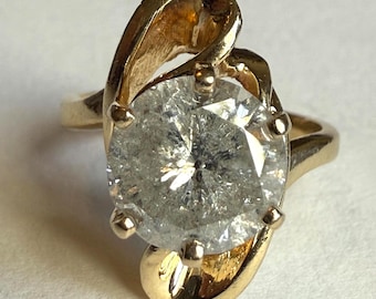Vintage 14K Yellow Gold 2.15ct Heavily Included Diamond Ring, Sculptural Bypass Statement Ring, Size 4, 4.7g