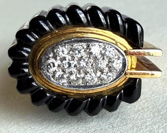 Vintage 14K Gold Carved Onyx Diamond Statement Ring, 10.9g, Size 5.75-6, Modernist Cocktail Ring