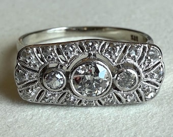 Art Deco 14K White Gold Diamond Ring, Antique 1920s Plaque Ring, Size 7.5