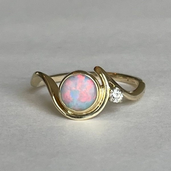 Delicate Vintage Strell 14K Gold Opal and Diamond Ring, 1.95 grams, Size 6, Mid Century, October Birthstone- beautiful engagement ring