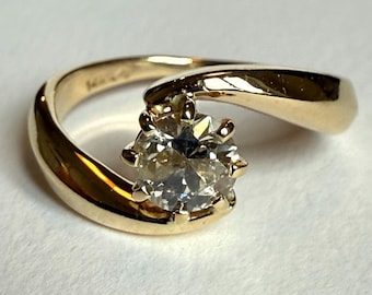 Vintage 14K Gold Old European Cut Diamond Bypass Ring, Size 4.75