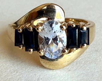 14K White Sapphire and Blue Topaz Ring, 4.04grams, Size 5.75 US