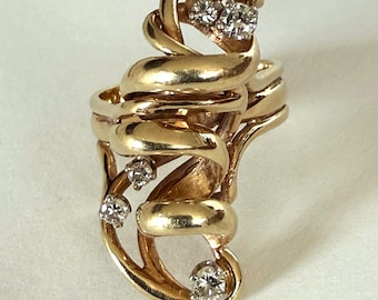 Vintage 14K Gold Sculptural Diamond Bypass Ring, 1970s Swirl Wrap Ring, Heavy 11grams, Size 8
