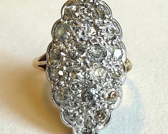Antique Edwardian 18K Gold Platinum Old Cut Diamond Navette Ring, Approx. 1.1 CTW, Size 5.5