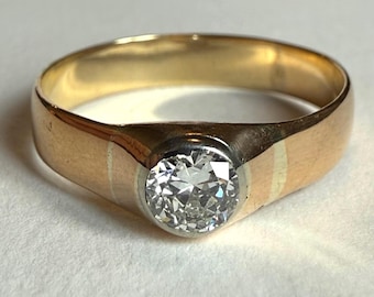 Vintage 18K Gold Antique Cut Diamond Gypsy Ring, Size 8.75
