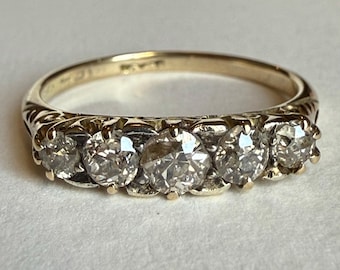 Antique Late Victorian 18K Yellow Gold Five-Stone Old Mine Cut Diamond Ring, Size 8, 2.6 Grams