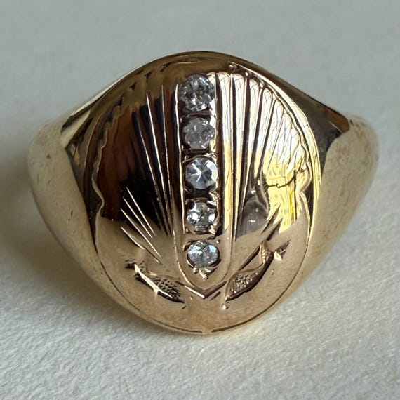 Vintage 14K Gold Diamond Signet Ring, Heavy 9.54g Vintage Diamond Ring, Size 10.5