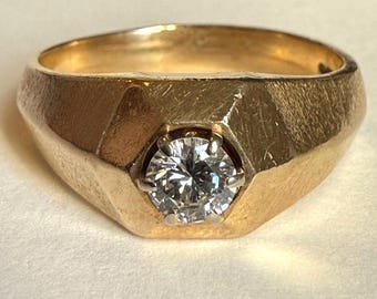 Vintage 14K Yellow Gold Diamond Solitaire Ring, Modernist Sculptural Design, Approx. 0.50 CT, Size 12