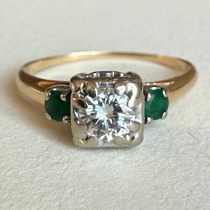 Vintage 14K Diamond and Emerald Engagement Ring, 1.6grams, Size 4.5US, April Birthstone