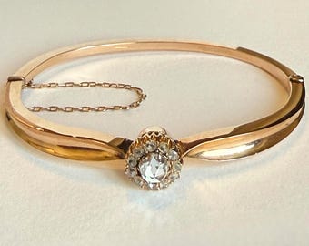Antique 14K Rosy Gold Rose Cut Diamond Halo Bangle Bracelet, Victorian Edwardian, 8.5g