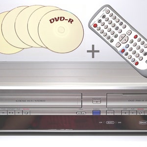 May include: A silver Funai VCR/DVD player combo with a remote control and five blank DVD-R discs. The VCR has a VHS slot and a DVD-RW recorder. The remote has many buttons for controlling the device.