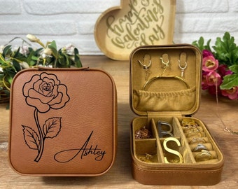 Birth Month Flower Jewelry Box, Birth Month Flower Gift, Custom Travel Jewelry Case, Personalized Birthday Gift, Birthday Gift for Her