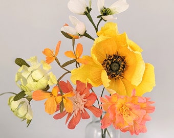 Crepe Paper Flower Bouquet | Orange Yellow White Green | Dahlia| Poppy | 7- 11 stems | Unique Gift | Wedding Anniversary Paper Flowers