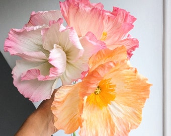 3 Crepe Paper Poppies | Poppy Faux Flowers, Vintage Look Wedding Floral Bouquet, Party Decoration Favour, Handmade Flowers | Paper Flower
