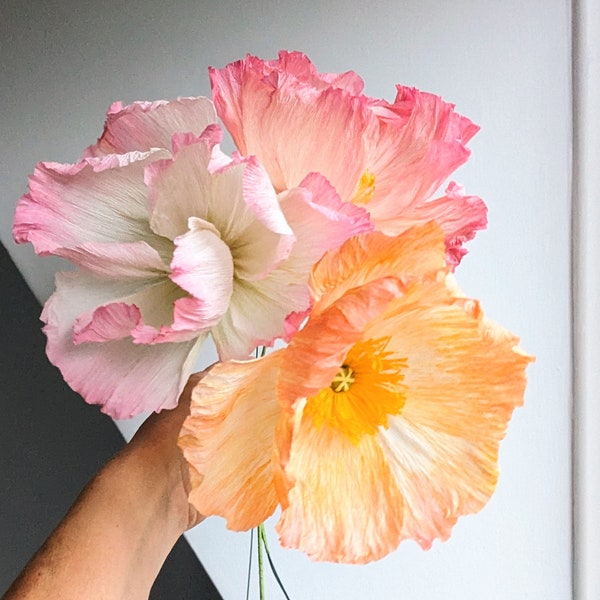 3 Crepe Paper Poppies | Poppy Faux Flowers, Vintage Look Wedding Floral Bouquet, Party Decoration Favour, Handmade Flowers | Paper Flower