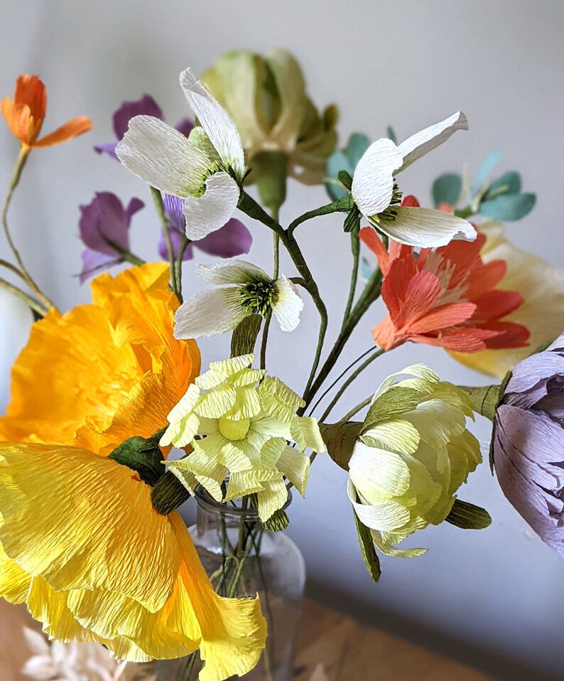 Handmade Crepe Paper Flowers, Summer Bouquet, Poppies, Dahlias, Daisies, Wedding Floral Bouquet, Party Decoration, Table & Place settings image 8