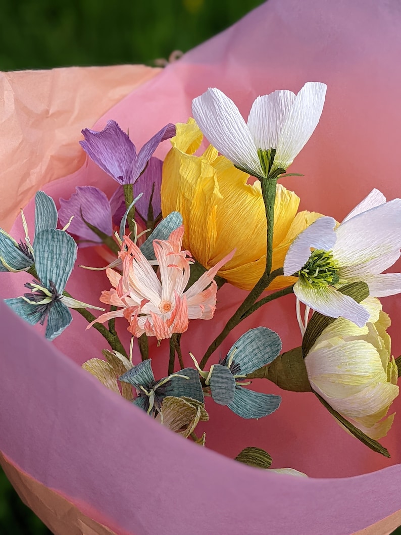 Handmade Crepe Paper Flowers, Summer Bouquet, Poppies, Dahlias, Daisies, Wedding Floral Bouquet, Party Decoration, Table & Place settings image 7