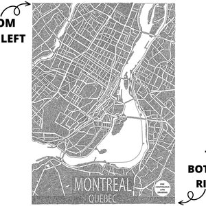 Peut inclure: Une carte de Montréal, Québec, dessinée en noir et blanc. La carte montre les rues de la ville et le fleuve Saint-Laurent. Le texte "ONE CONTINUOUS LINE DRAWING" est dans un cercle en bas à droite de la carte.