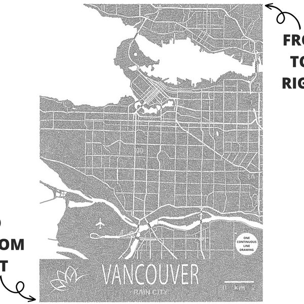 Vancouver One Line Map Print, British Columbia Map, Vancouver Art, Modern Map, Canada Map Art, Black and White, One Line Art Drawing