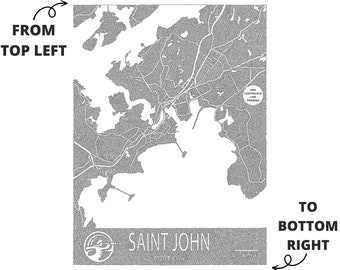 Saint John One Line Map Print, New Brunswick Map, Saint John Art, Modern Map, Canada Map Art, Black and White, One Line Art Drawing