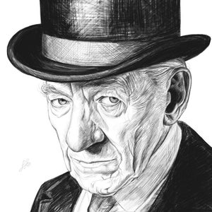 Ian McKellen Ołówkowy Portret Sherlocka Holmesa Limitowana Edycja Giclee Wydruk oryginalnego dzieła Sophie Hall